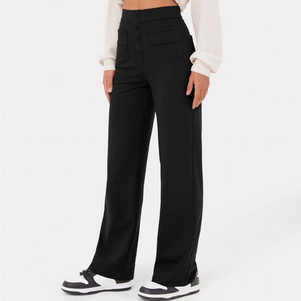 Halara High Waisted Button Straight Leg Casual Pants- black size M